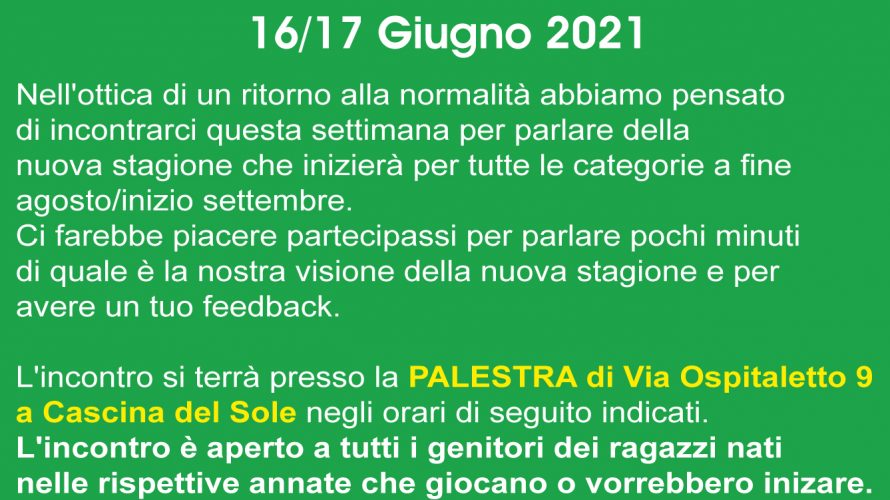 Nell’ottica di un ritorno alla normalità abbiamo pensato di incontrarci questa settimana per parlare della nuova stagione che inizierà per tutte le categorie a fine agosto/inizio settembre. Ci farebbe piacere […]